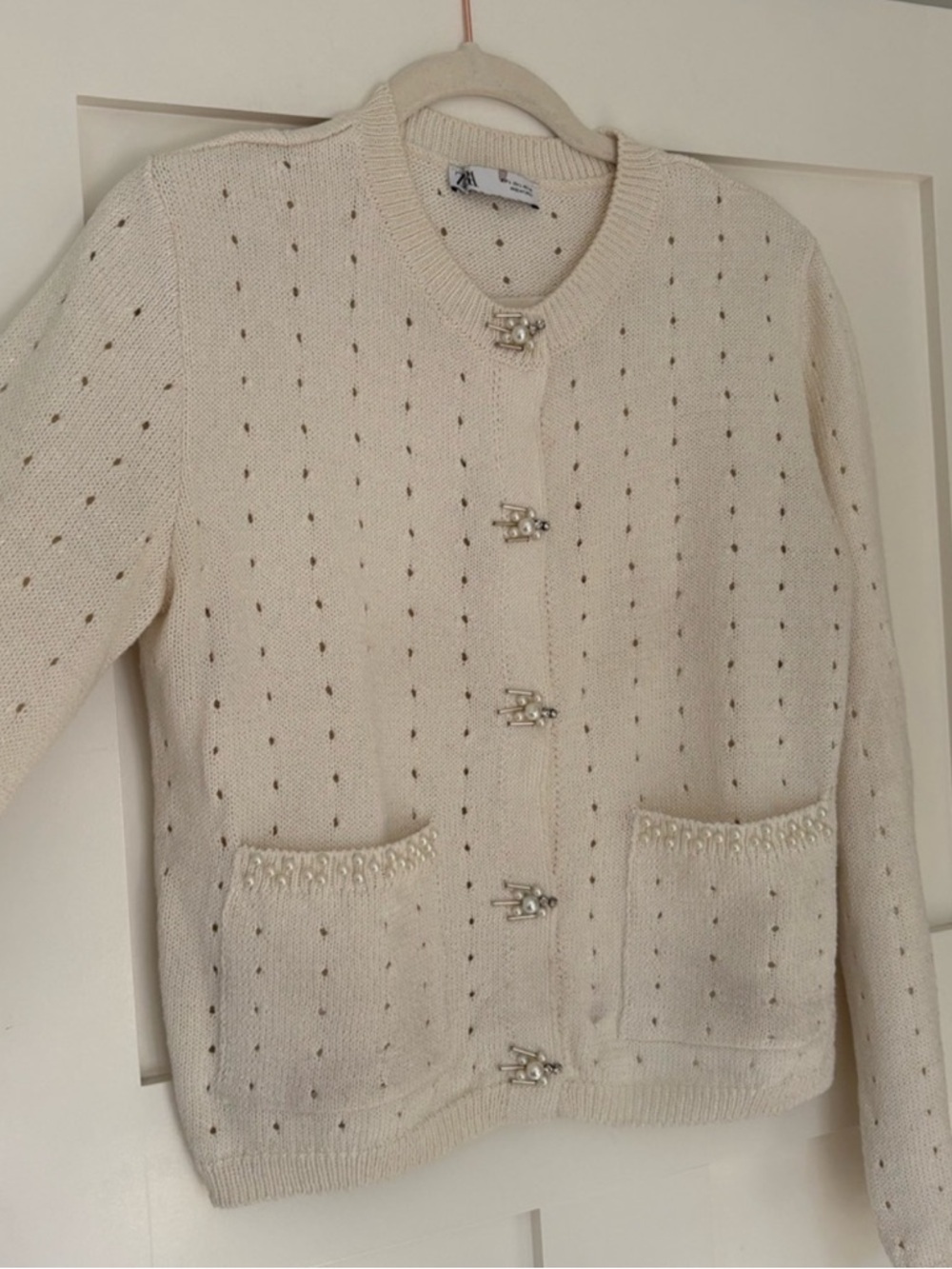 Zara Cream Knit Cardigan Sweater w/ Pearl Detail & Pockets – Size L - Picture 4 of 6